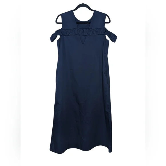 Toit Volant Off The Shoulder Sleeveless Cotton Midi Dress Navy Blue Medium